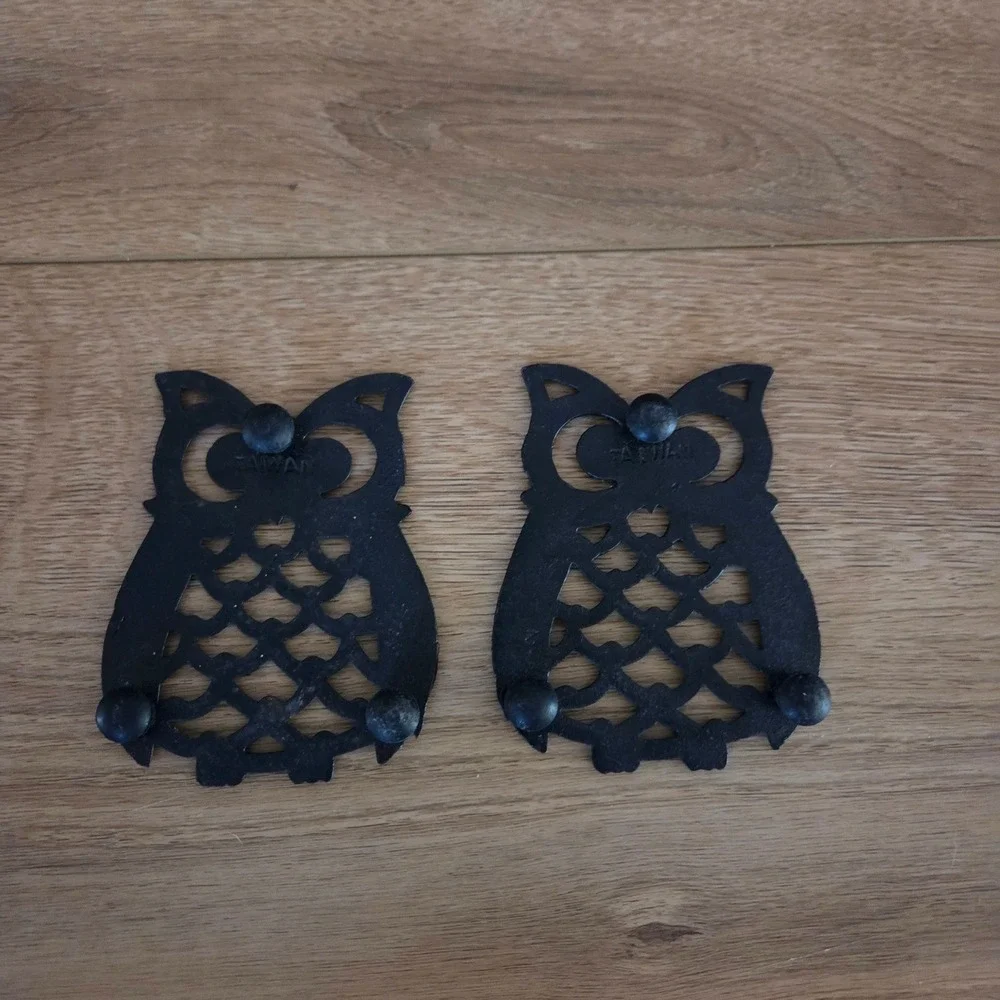 Vintage Black Cast Iron Owl‎ Trivet Set of 2 Mid Century Modern Kitchen Decor